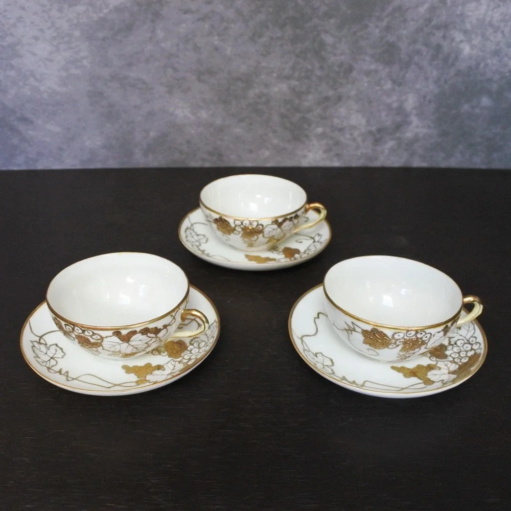 Antique Japanese T.S. Nippon Porcelain Gold Moriage Grape Leaf Tea Set